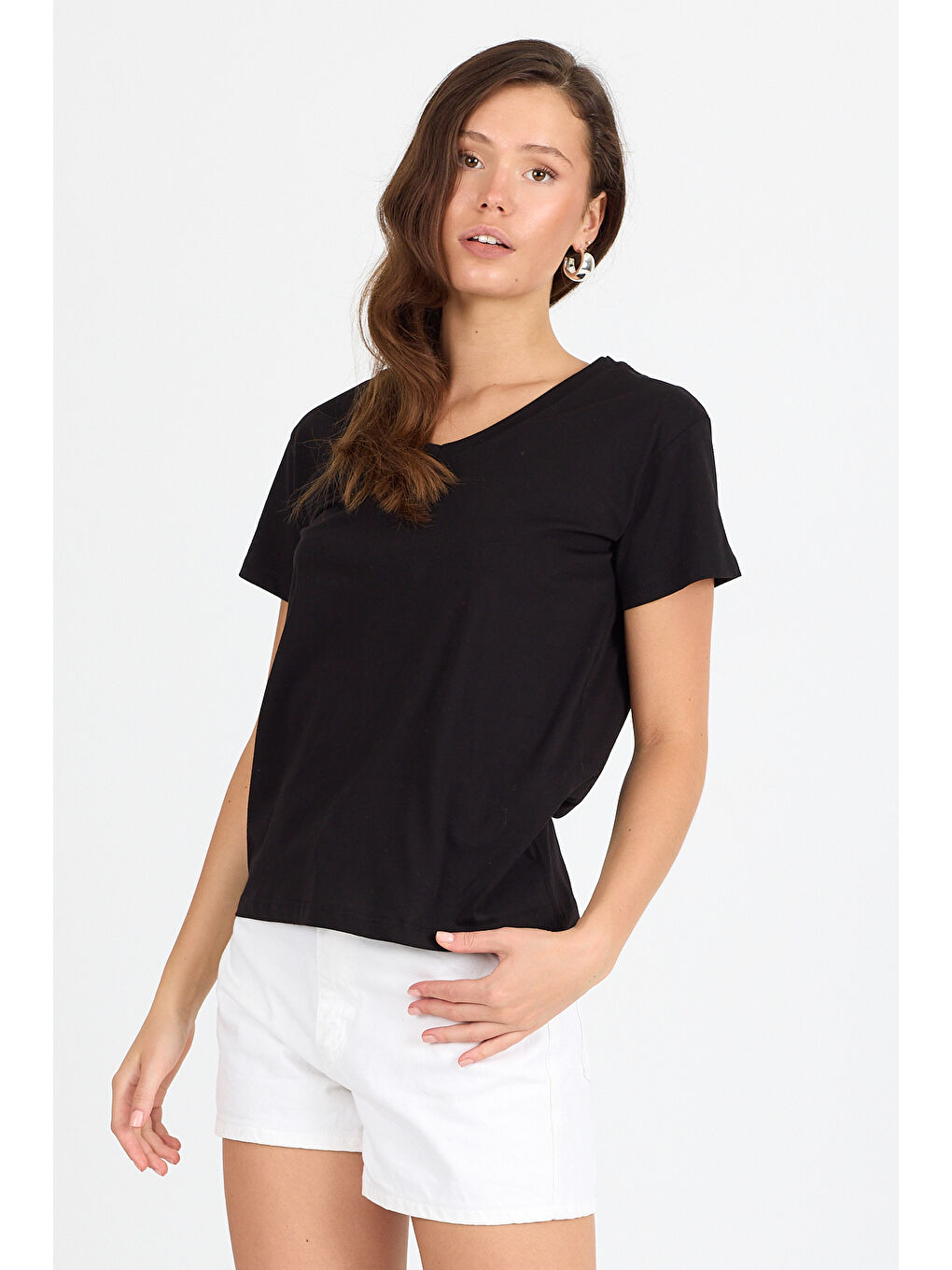 Siyah Kadın V Yaka T-shirt 3005-1