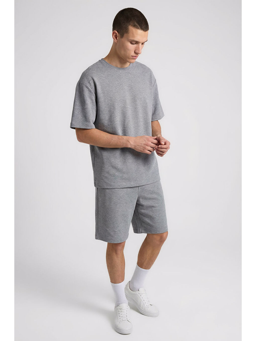 Gri Melanj Oversize Fit Basic Erkek Şort Takım - 85292