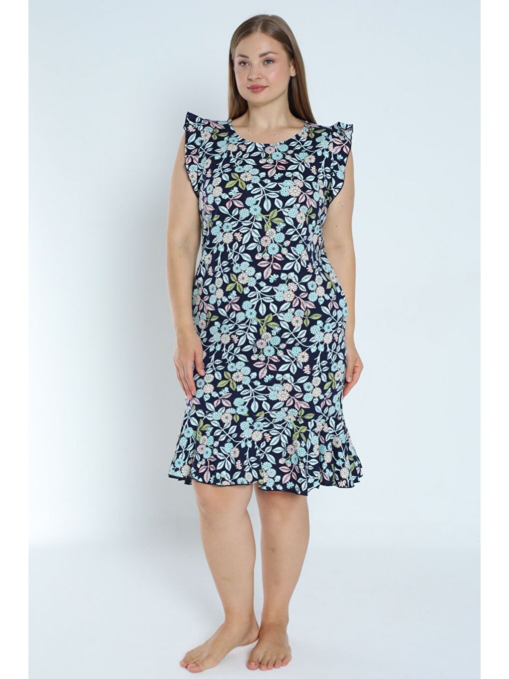 Lacivert kadın lacivert büyük beden desenli %100 pamuk cepli kolu ve eteği fırfırlı elbise-2