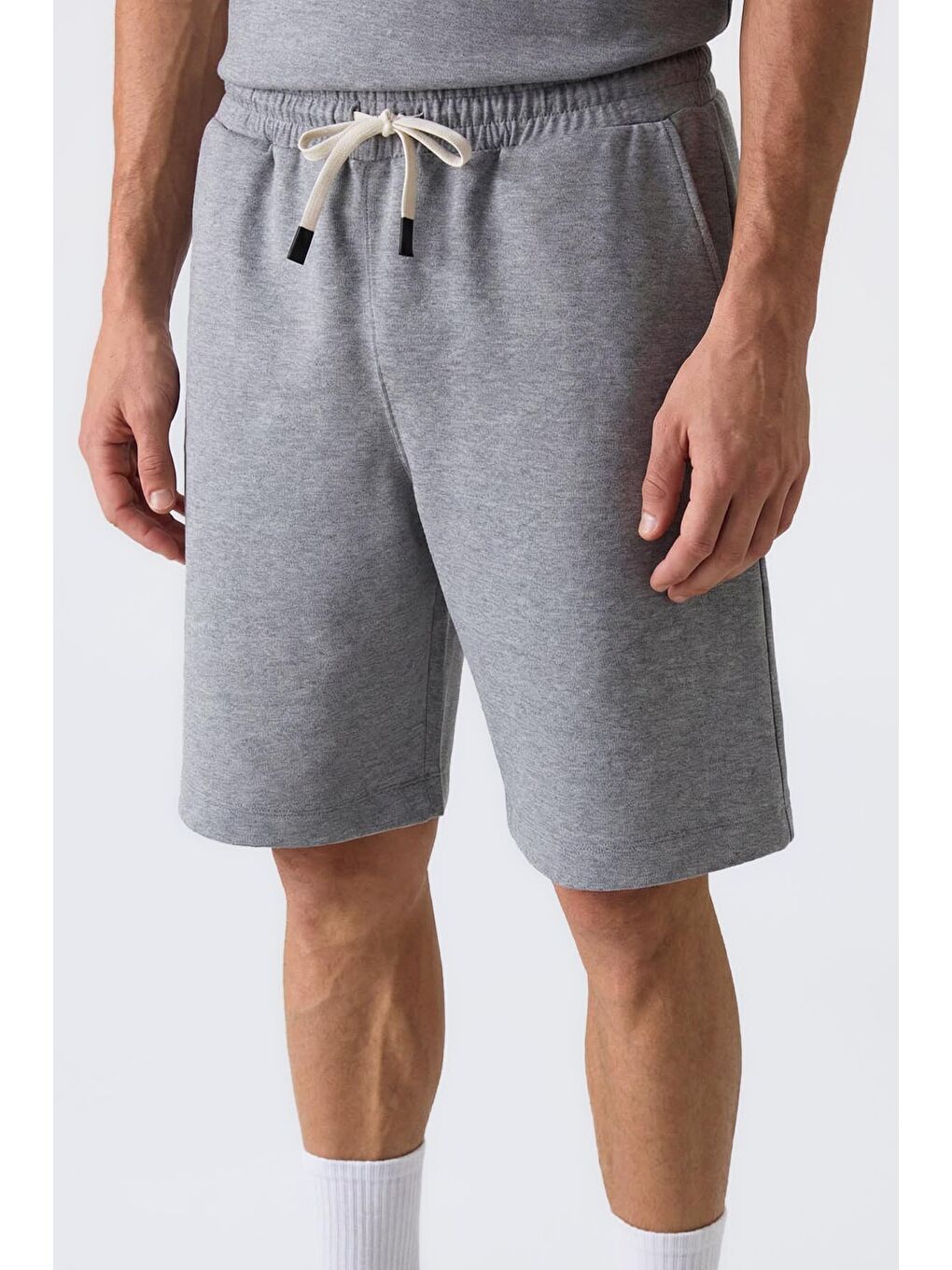 Gri Melanj Oversize Fit Basic Erkek Şort Takım - 85292-1