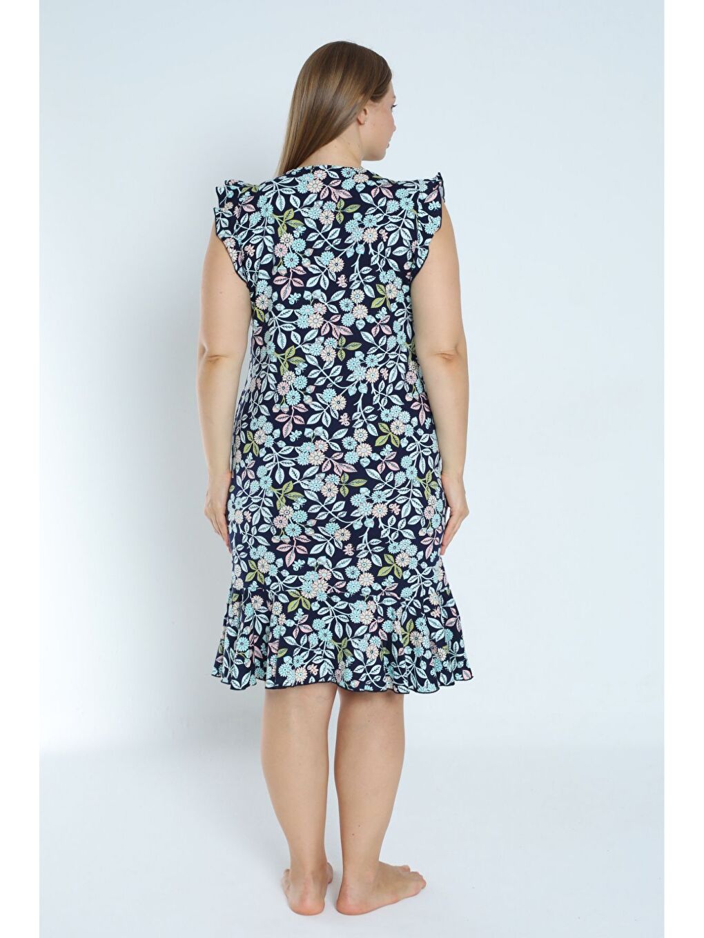 Lacivert kadın lacivert büyük beden desenli %100 pamuk cepli kolu ve eteği fırfırlı elbise-3