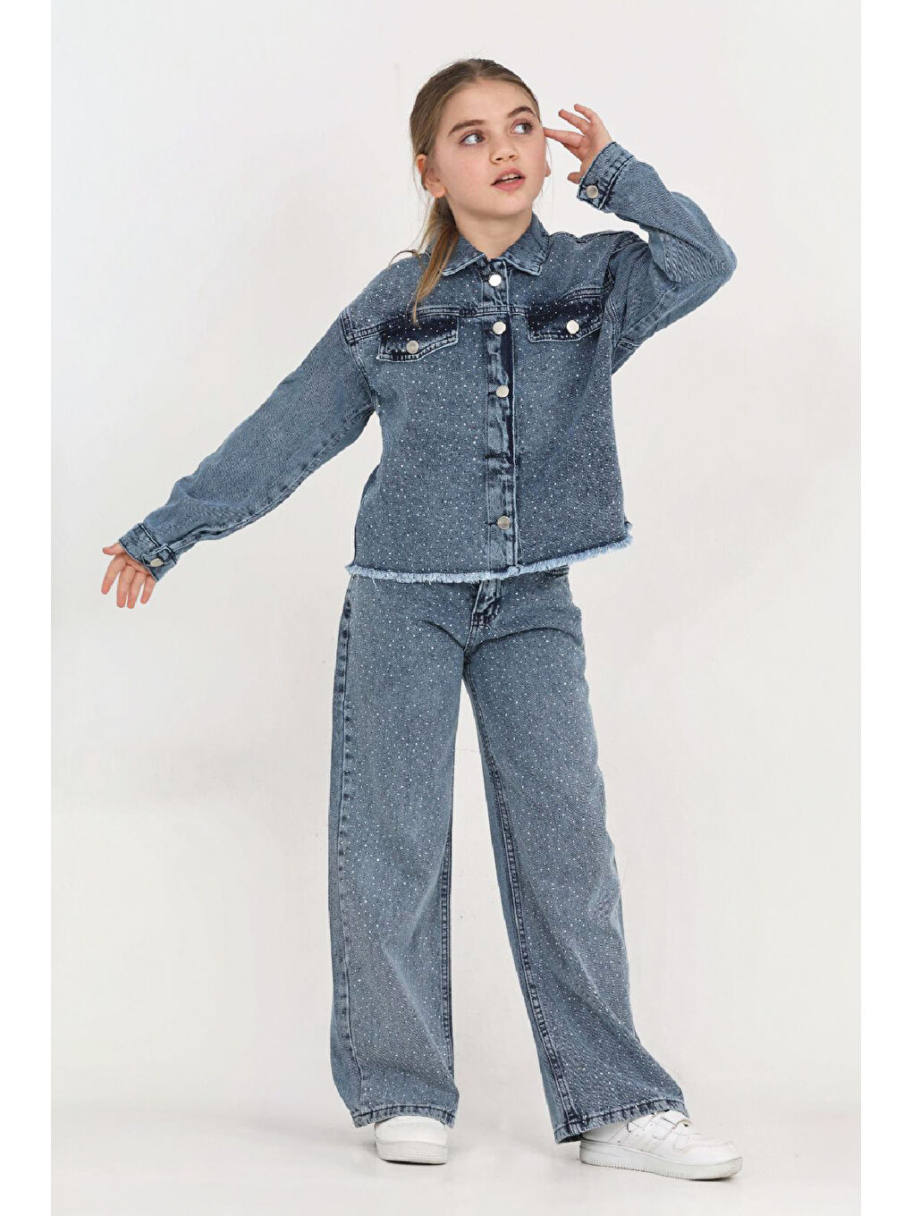 İndigo Kız Çocuk Jean Takım-Taş Süslemeli ( Ceket+Pantolon) 12452-1