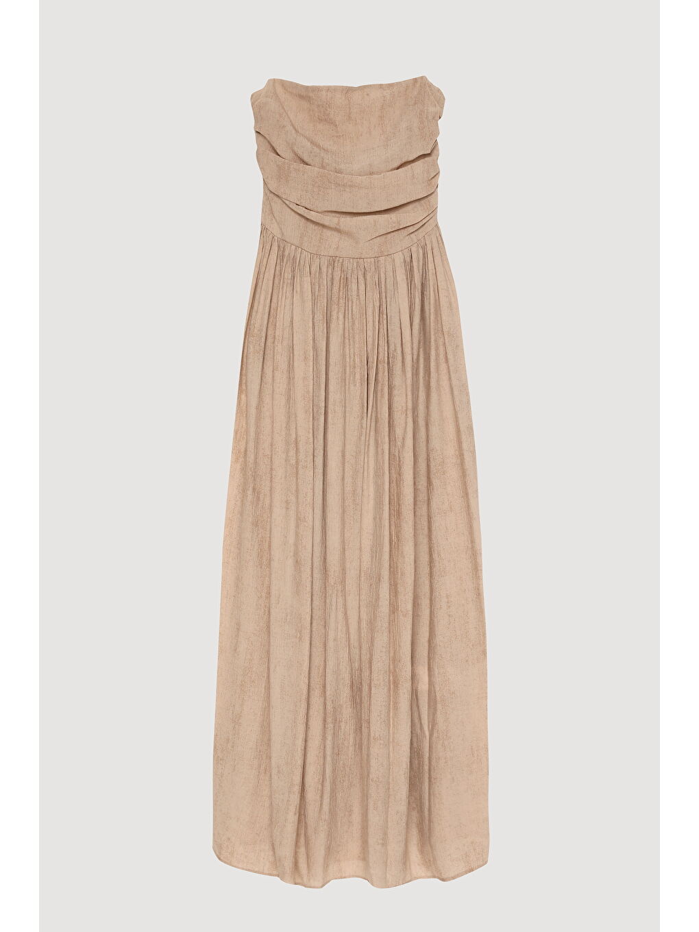 Drape Detaylı Pileli Straplez Midi Elbise Bej