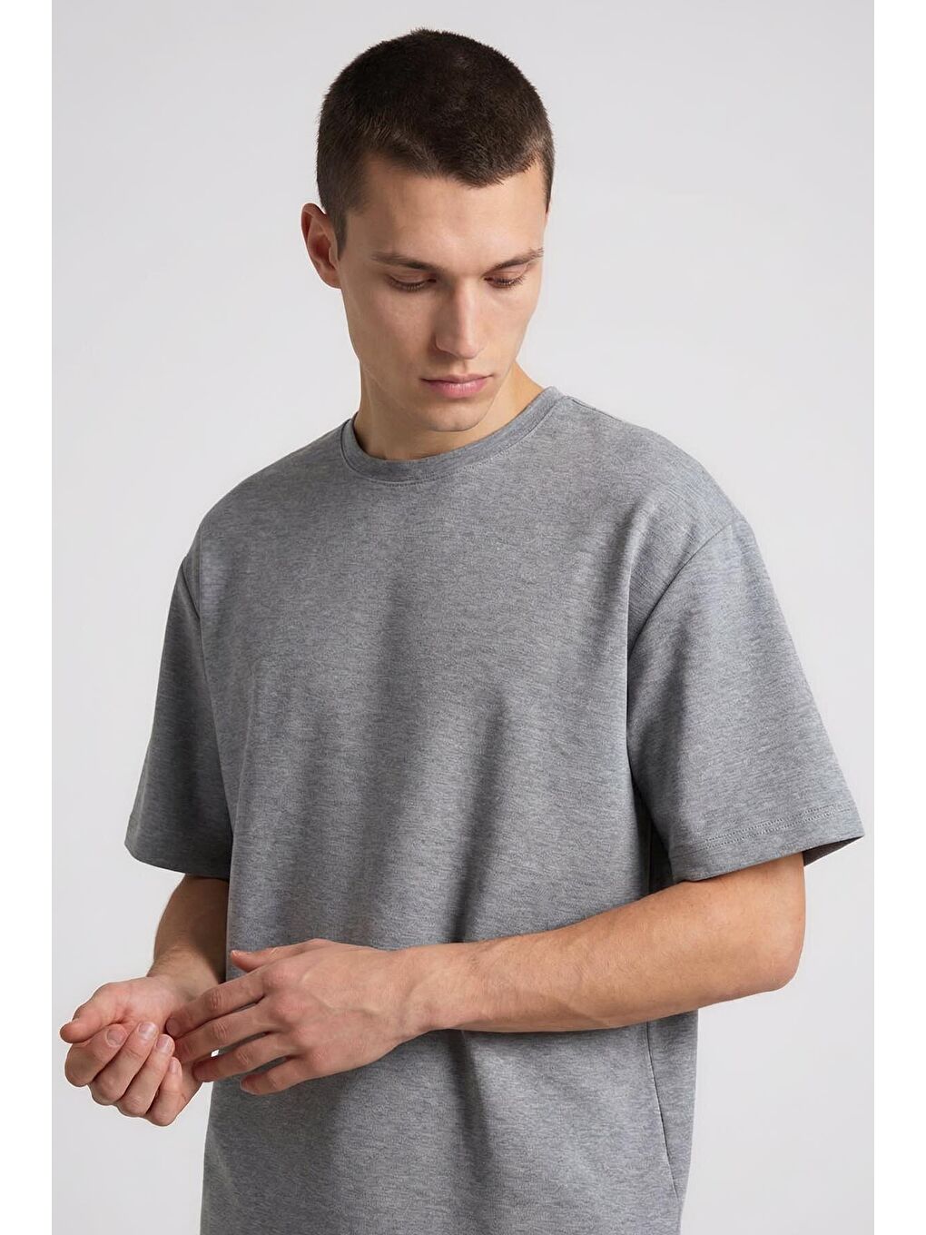 Gri Melanj Oversize Fit Basic Erkek Şort Takım - 85292-2