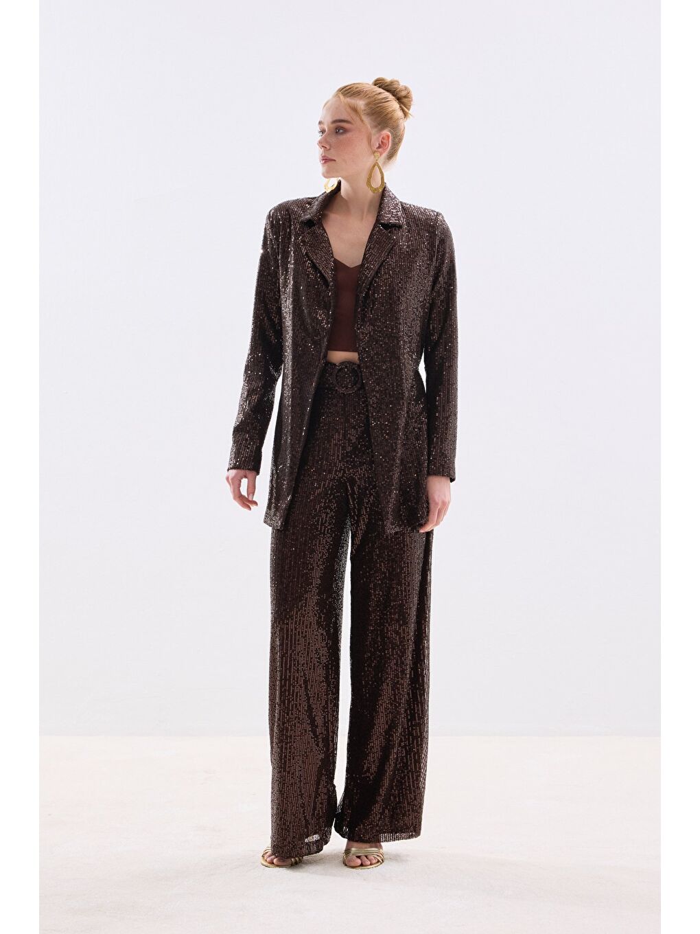 Kahverengi Kemerli Payet Pantolon - Kahve-2