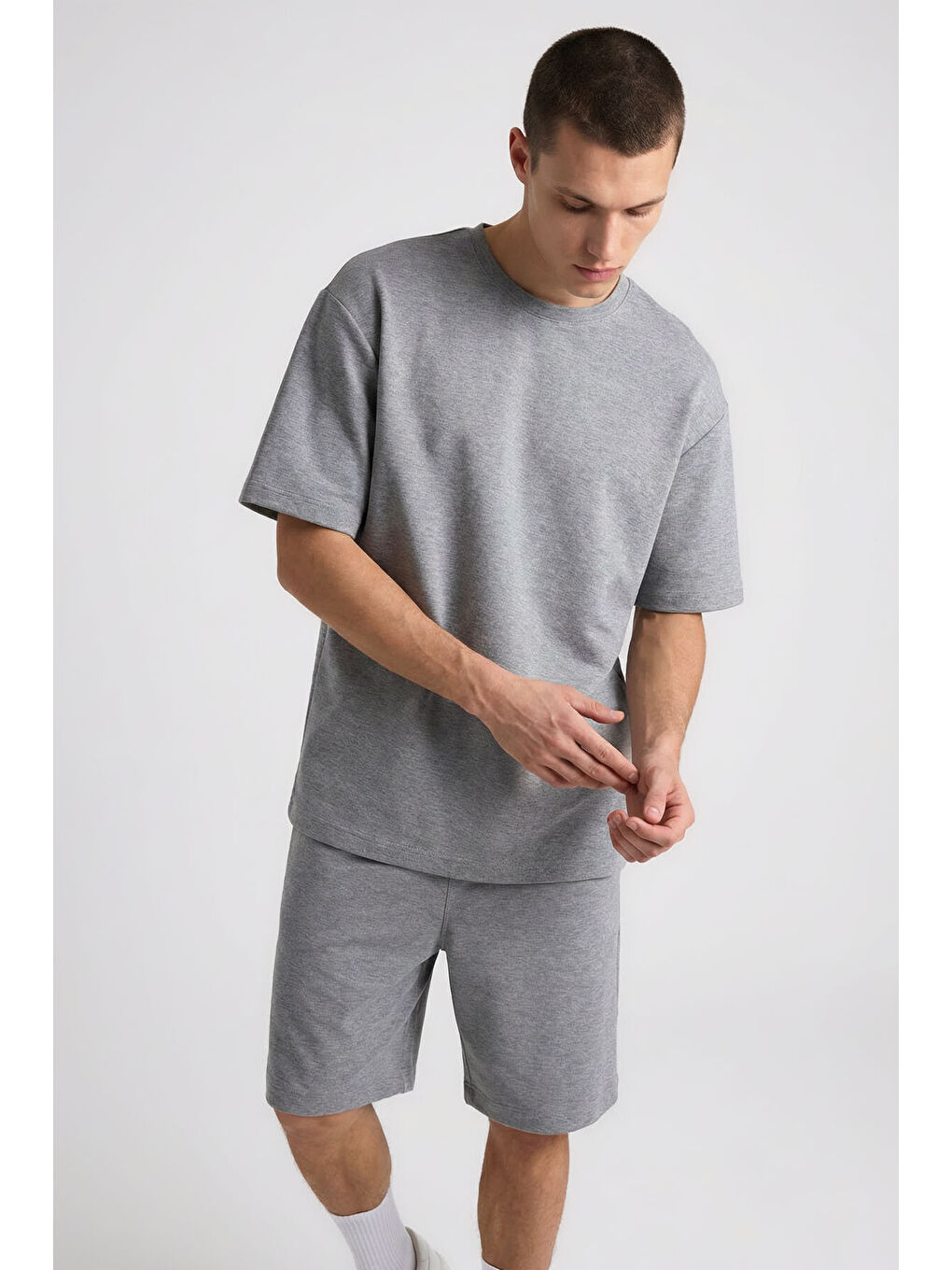 Gri Melanj Oversize Fit Basic Erkek Şort Takım - 85292-3