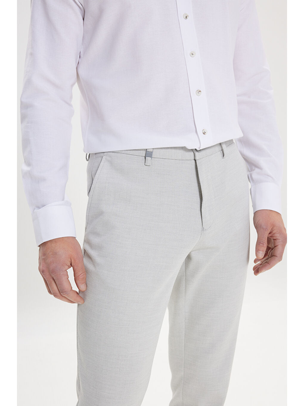 Erkek Gri Pamuklu Slim Fit Dar Kesim Beli Bağlamalı Yan Cep Armürlü Esnek Pantolon-5