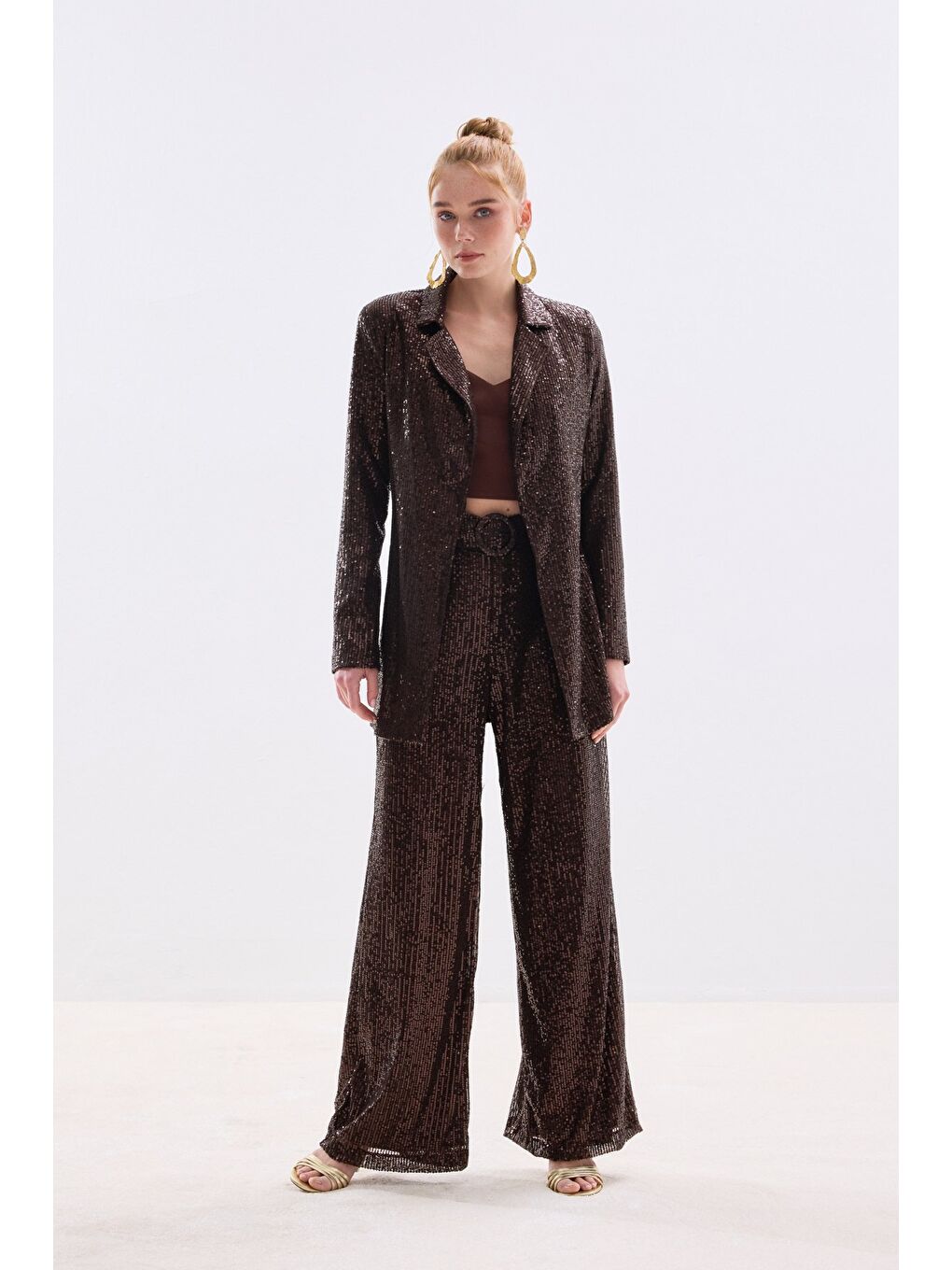 Kahverengi Kemerli Payet Pantolon - Kahve-3