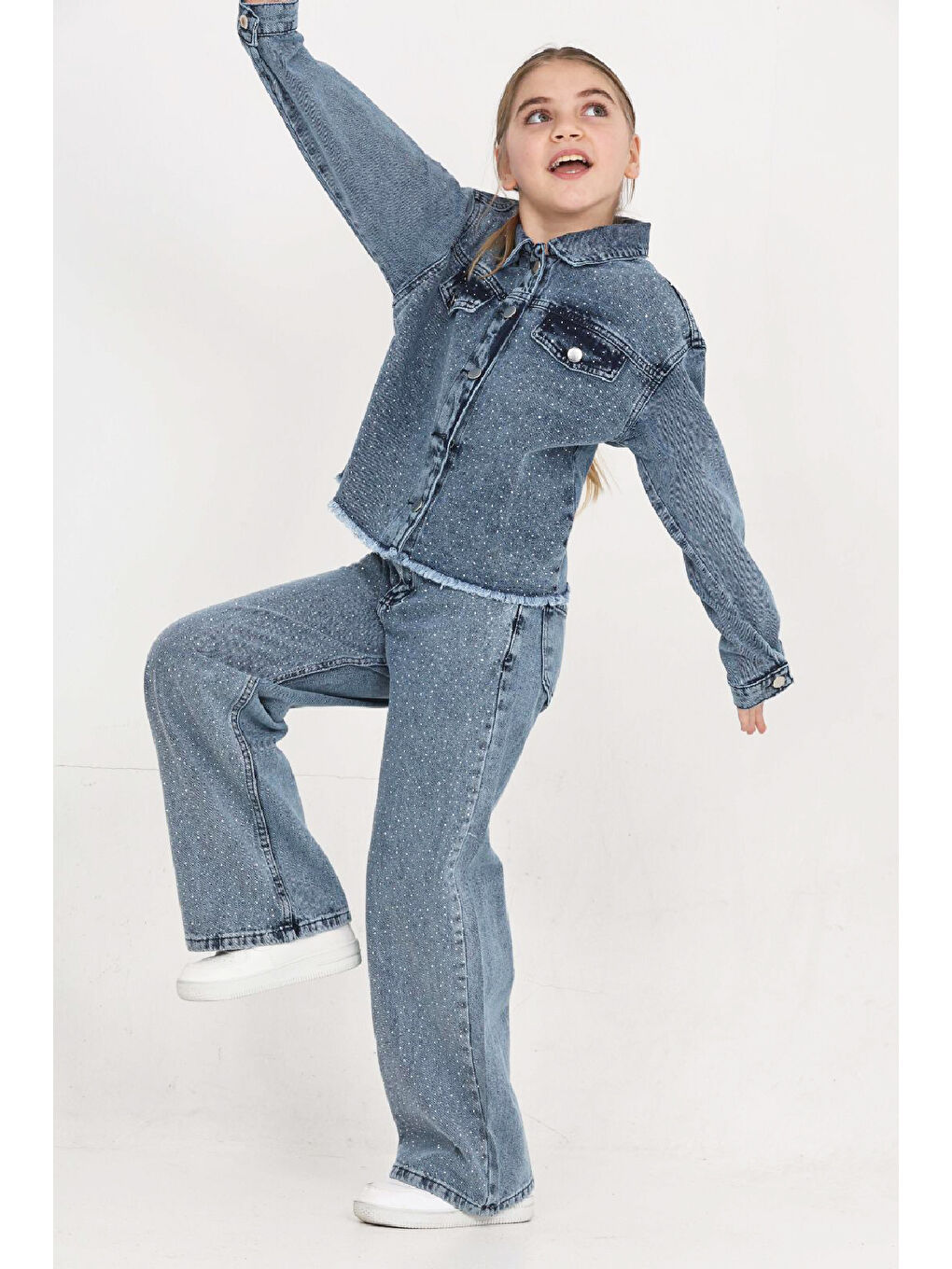 İndigo Kız Çocuk Jean Takım-Taş Süslemeli ( Ceket+Pantolon) 12452-2