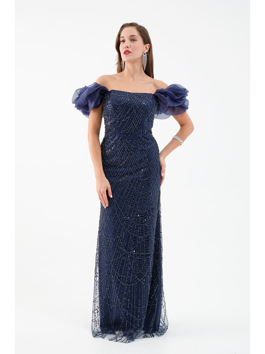 Kadın Lacivert Kol Detay Boncuklu Uzun Abiye Elbise-1