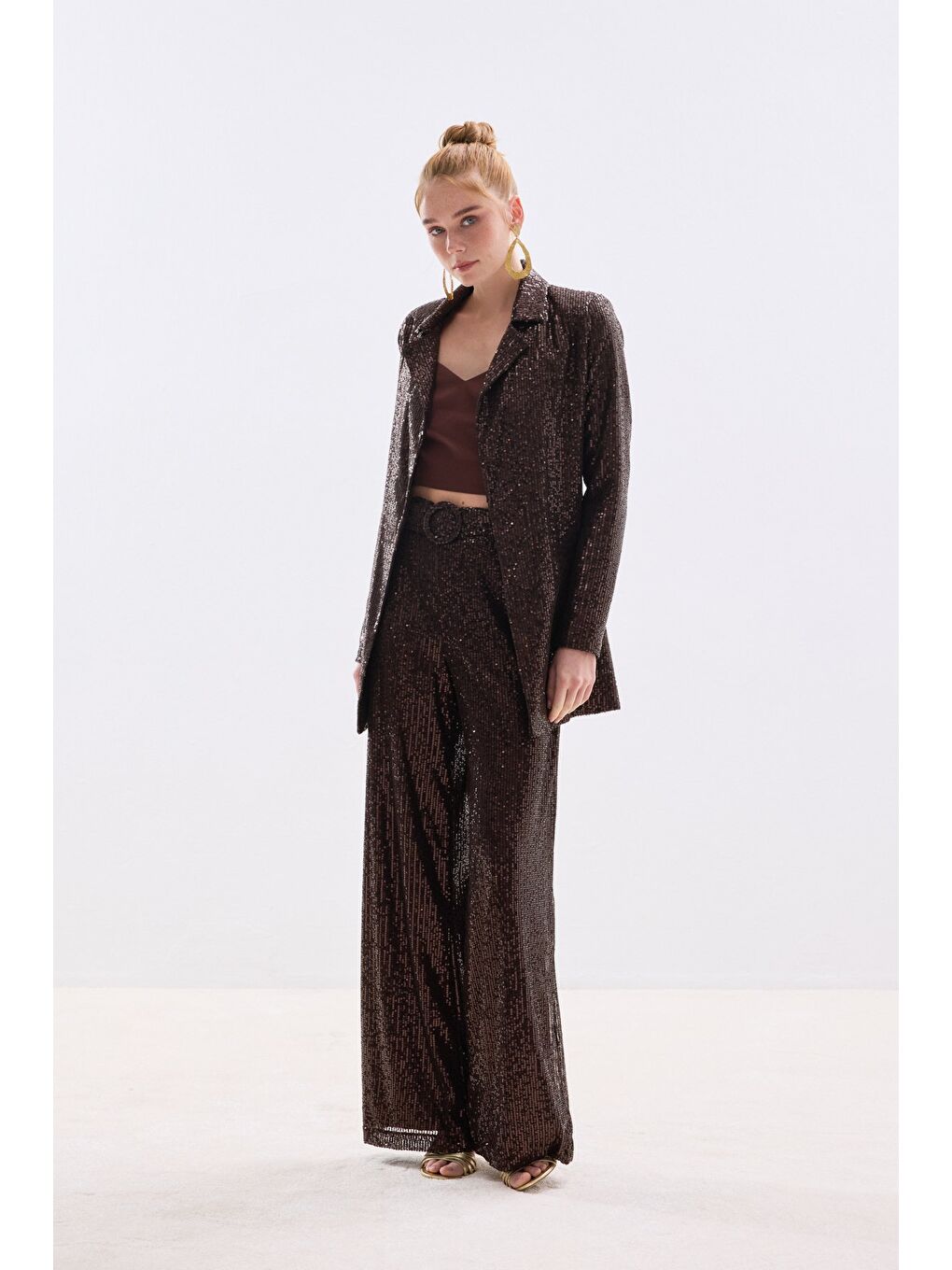 Kahverengi Kemerli Payet Pantolon - Kahve-4