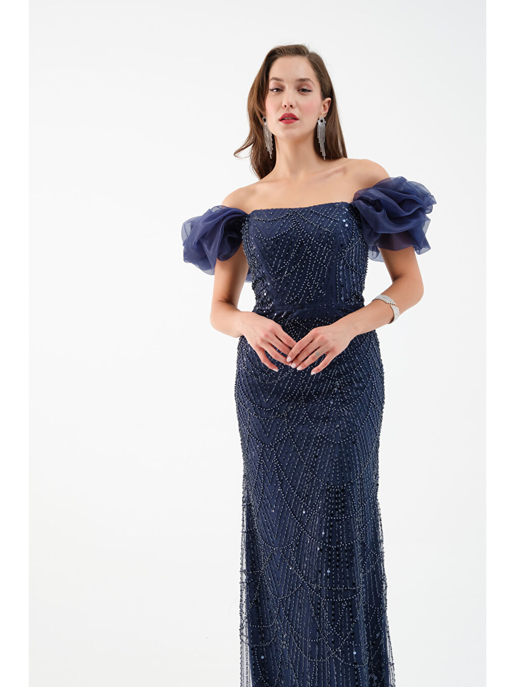 Kadın Lacivert Kol Detay Boncuklu Uzun Abiye Elbise-2