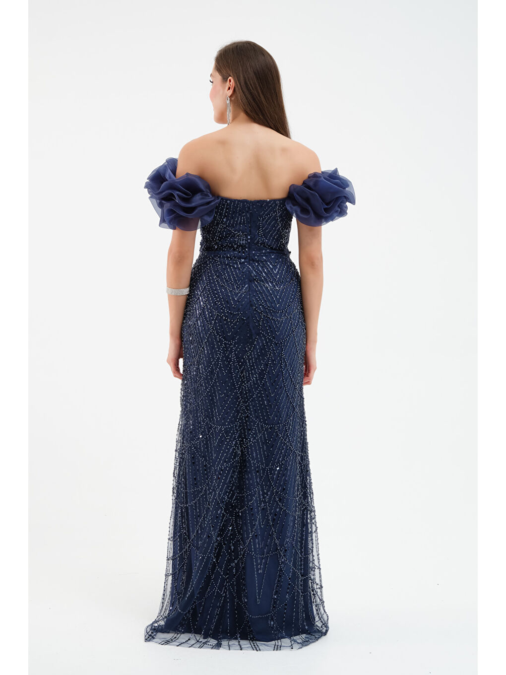 Kadın Lacivert Kol Detay Boncuklu Uzun Abiye Elbise-4