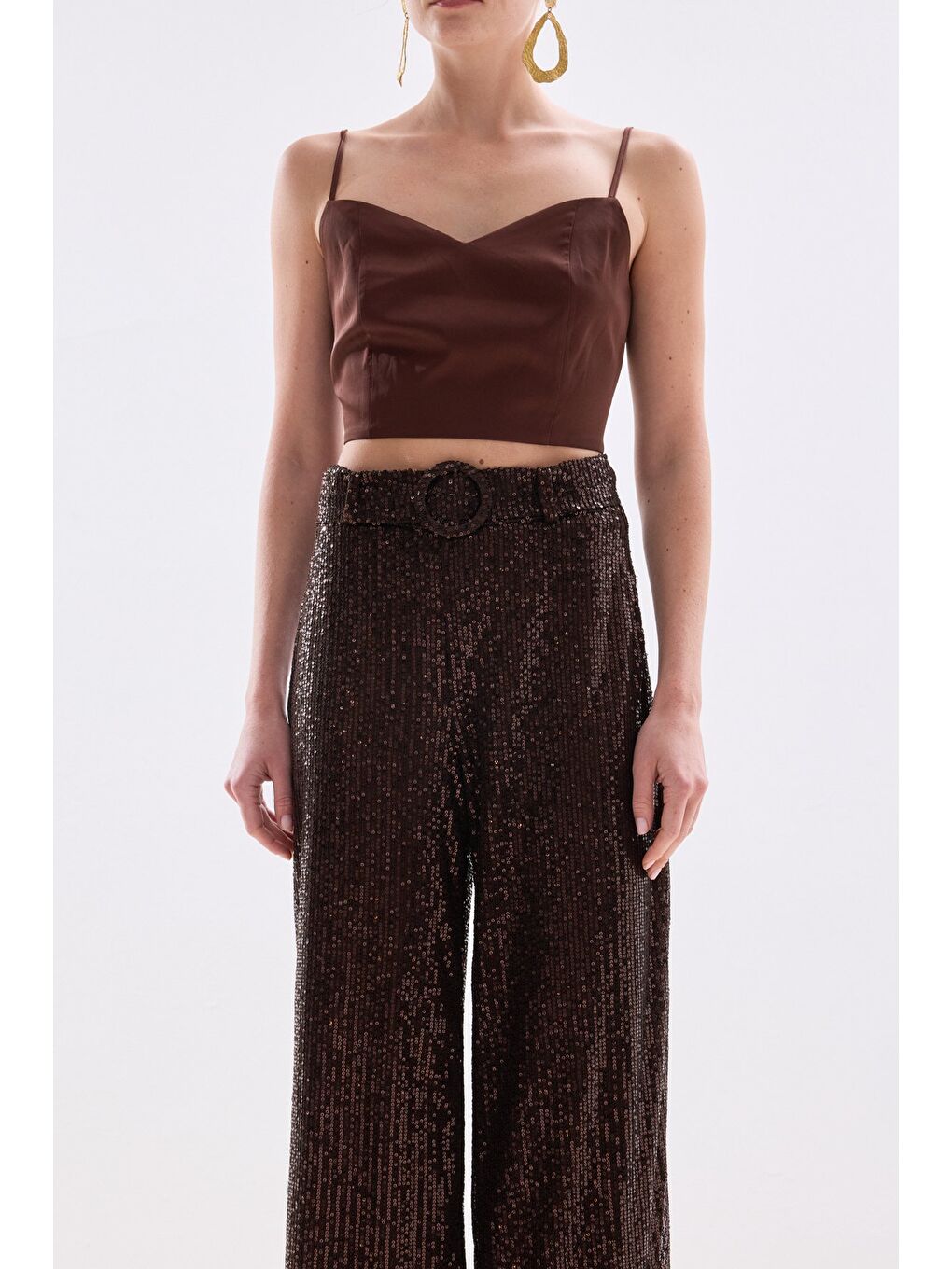 Kahverengi Kemerli Payet Pantolon - Kahve-6