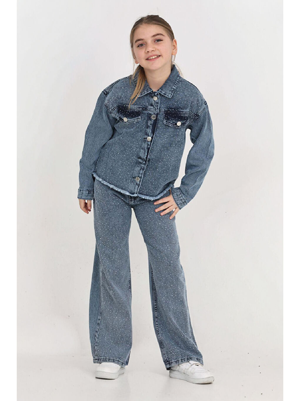 İndigo Kız Çocuk Jean Takım-Taş Süslemeli ( Ceket+Pantolon) 12452-3