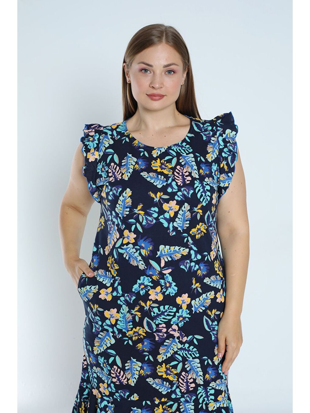 Lacivert kadın lacivert büyük beden desenli %100 pamuk cepli kolu ve eteği fırfırlı elbise-1