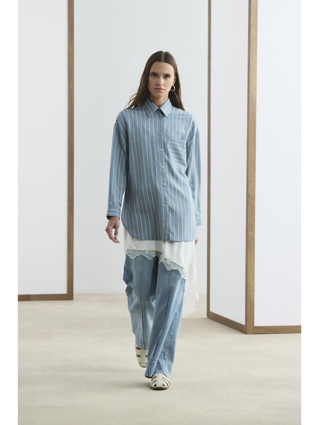 Oversize Çizgili Gömlek Açık  Mavi