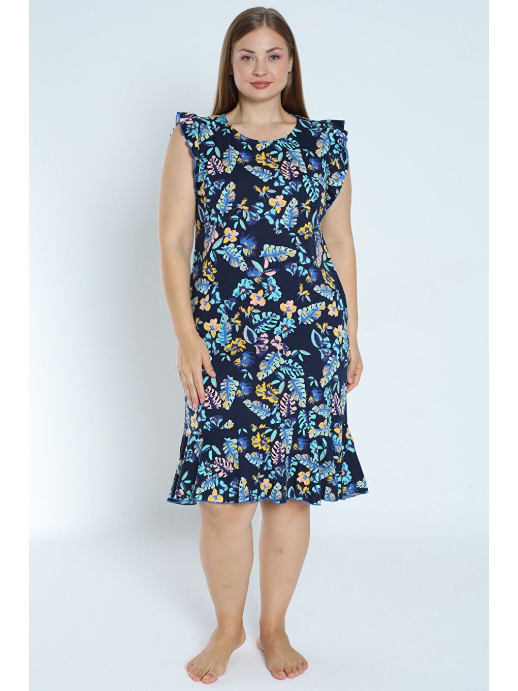 Lacivert kadın lacivert büyük beden desenli %100 pamuk cepli kolu ve eteği fırfırlı elbise-2