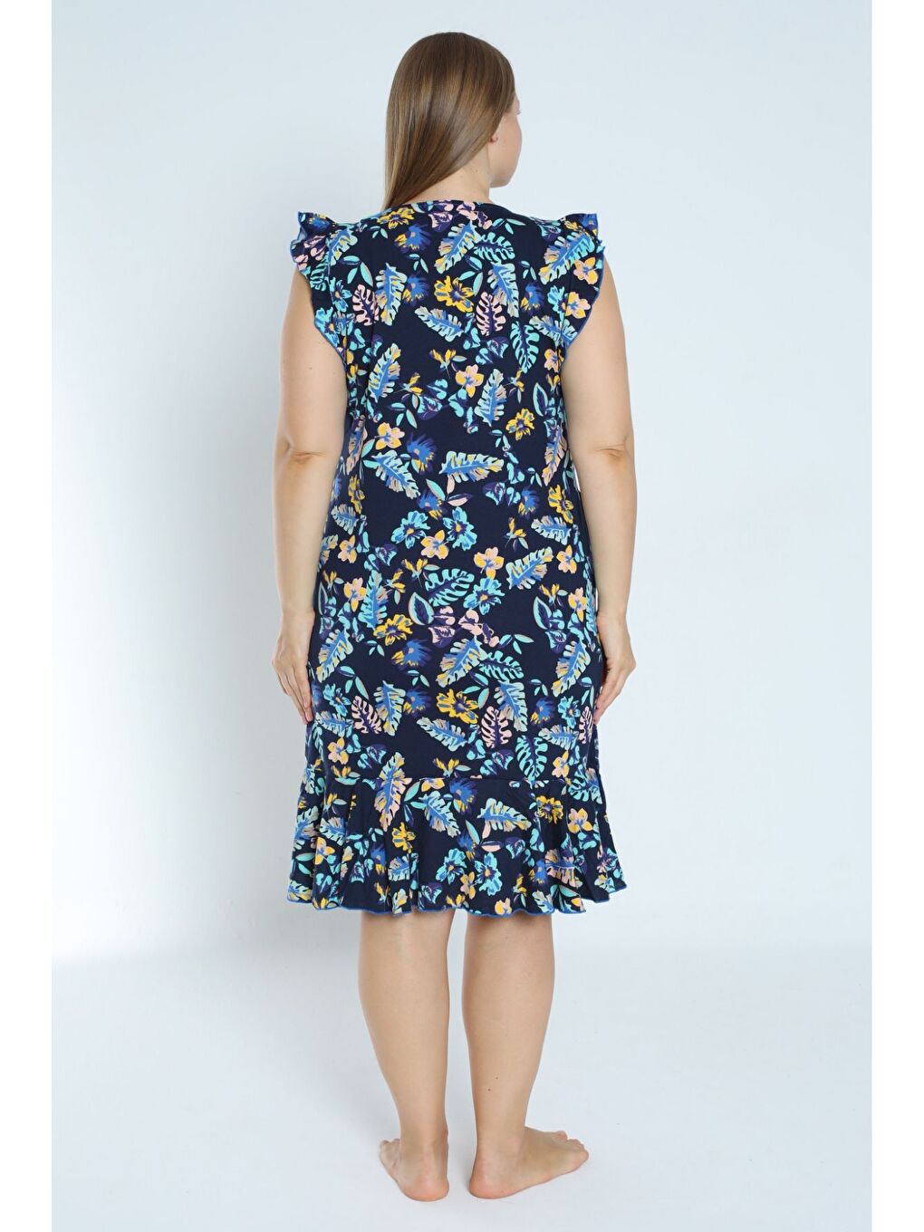 Lacivert kadın lacivert büyük beden desenli %100 pamuk cepli kolu ve eteği fırfırlı elbise-3