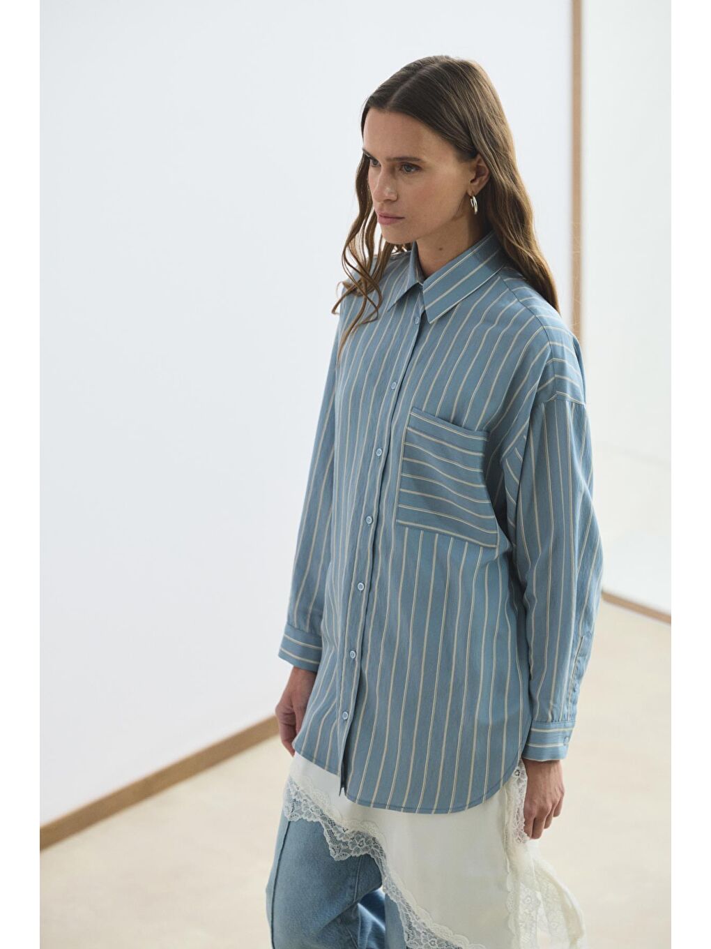 Oversize Çizgili Gömlek Açık  Mavi-1
