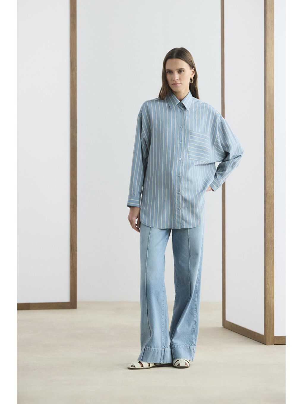 Oversize Çizgili Gömlek Açık  Mavi-2