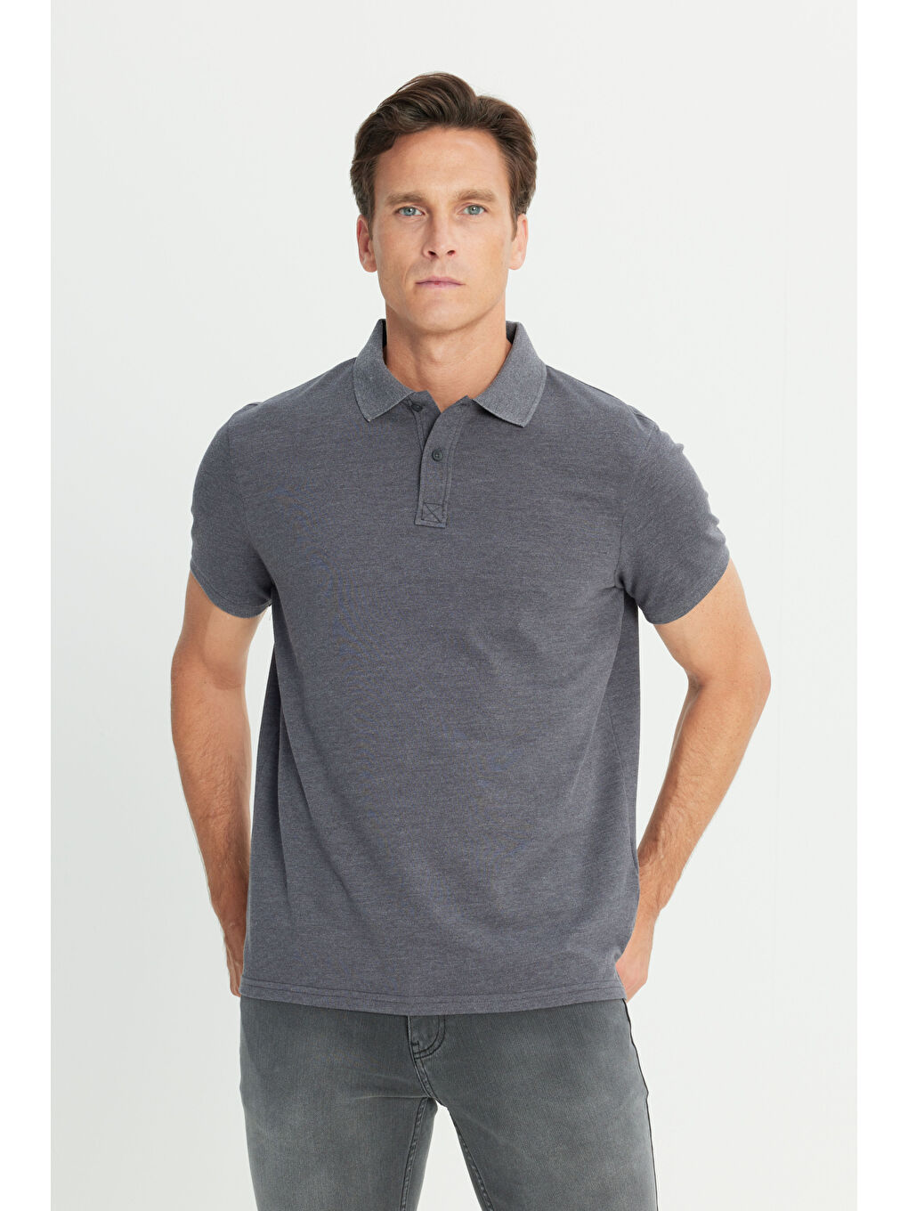 Erkek Antrasit Pamuklu Slim Fit Dar Kesim Polo Yaka Tişört