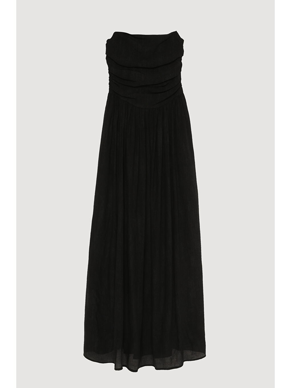 Drape Detaylı Pileli Straplez Midi Elbise Siyah