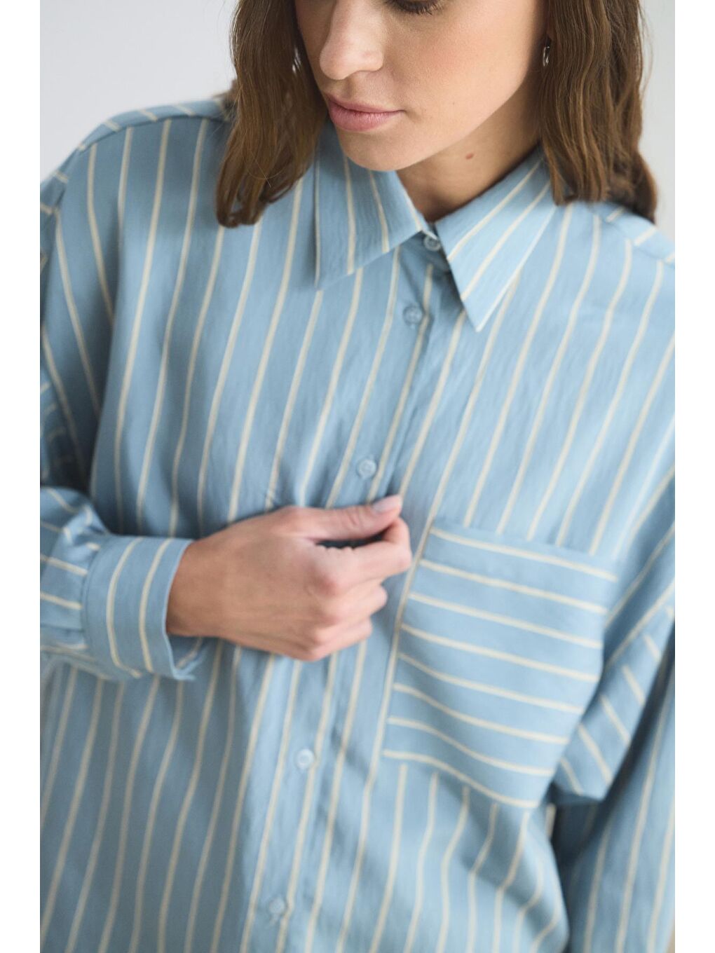 Oversize Çizgili Gömlek Açık  Mavi-4