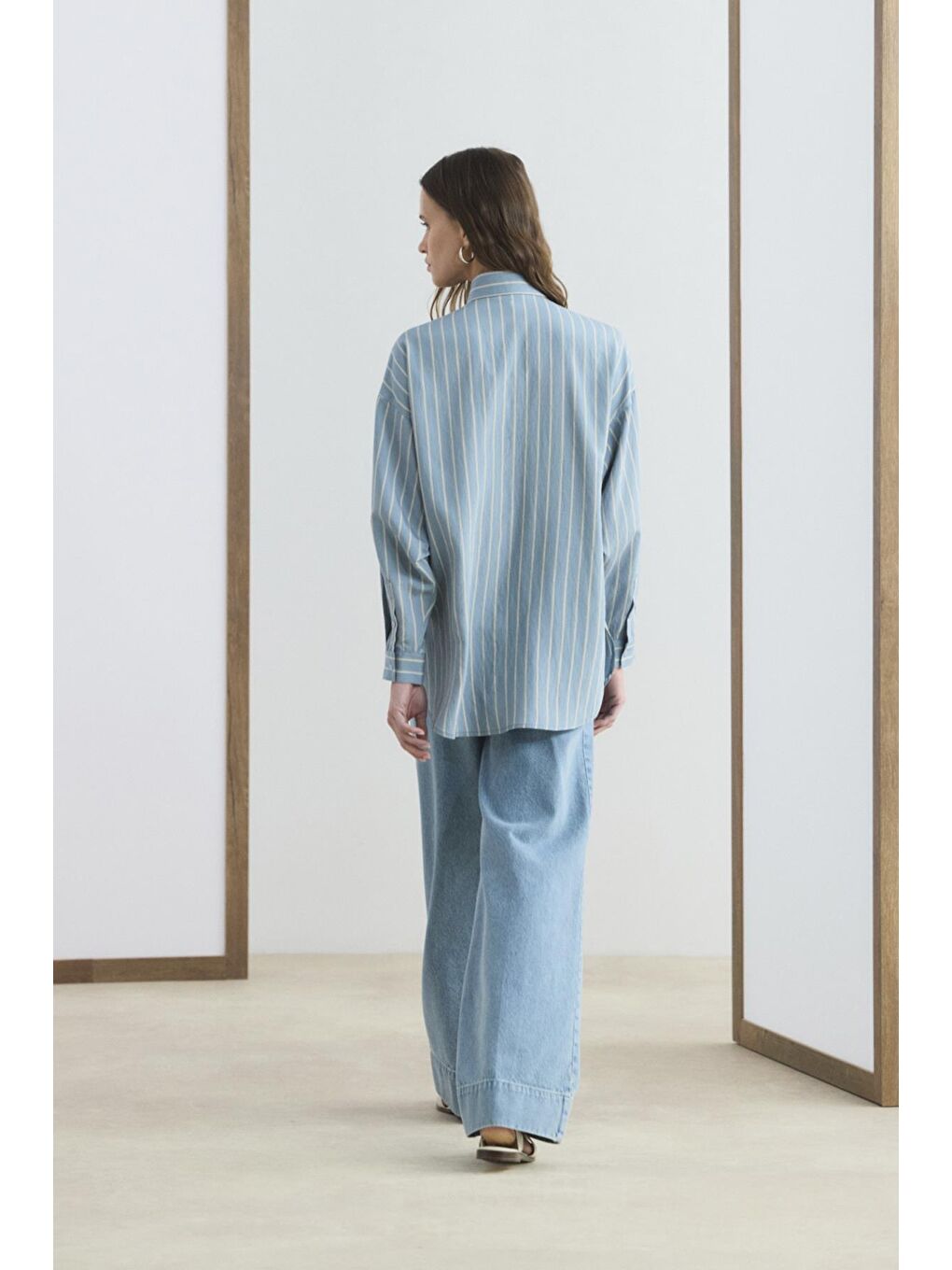 Oversize Çizgili Gömlek Açık  Mavi-5