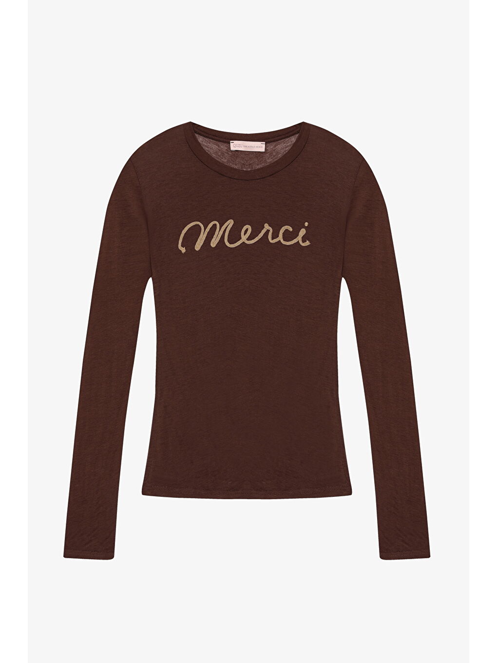 Yazı Nakışlı Tül Bluz Kahverengi