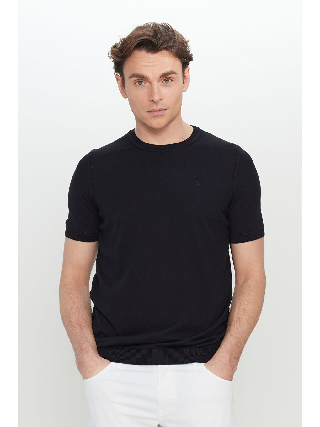Erkek Siyah Pamuklu Standart Fit Normal Kesim Bisiklet Yaka Triko Tişört-2
