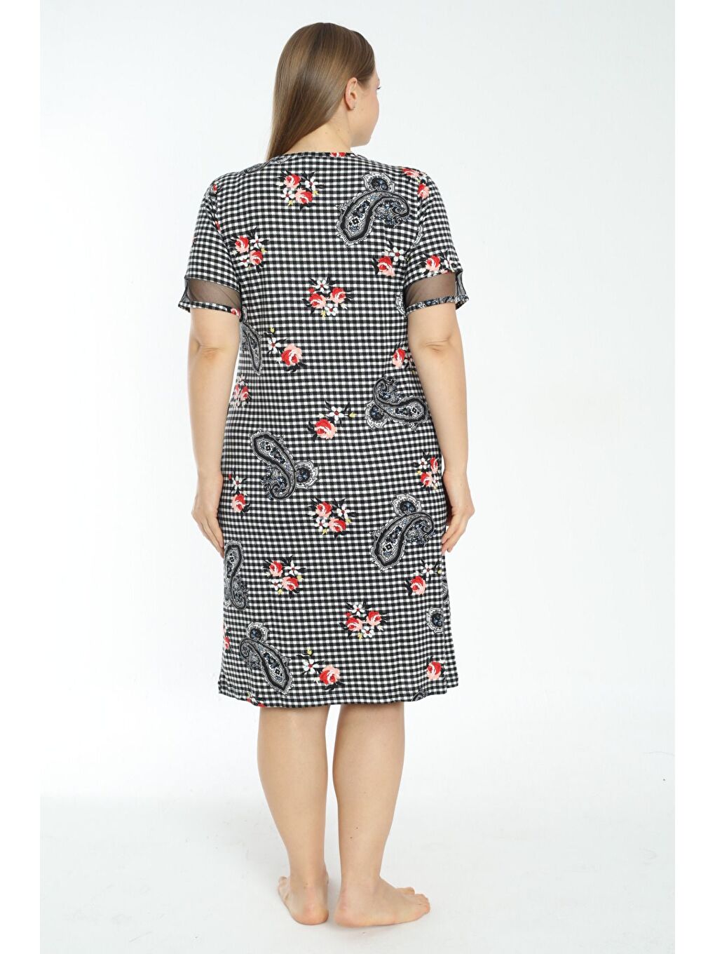 Beyaz desenli cepli tül detaylı kısa kollu büyük beden elbise-4