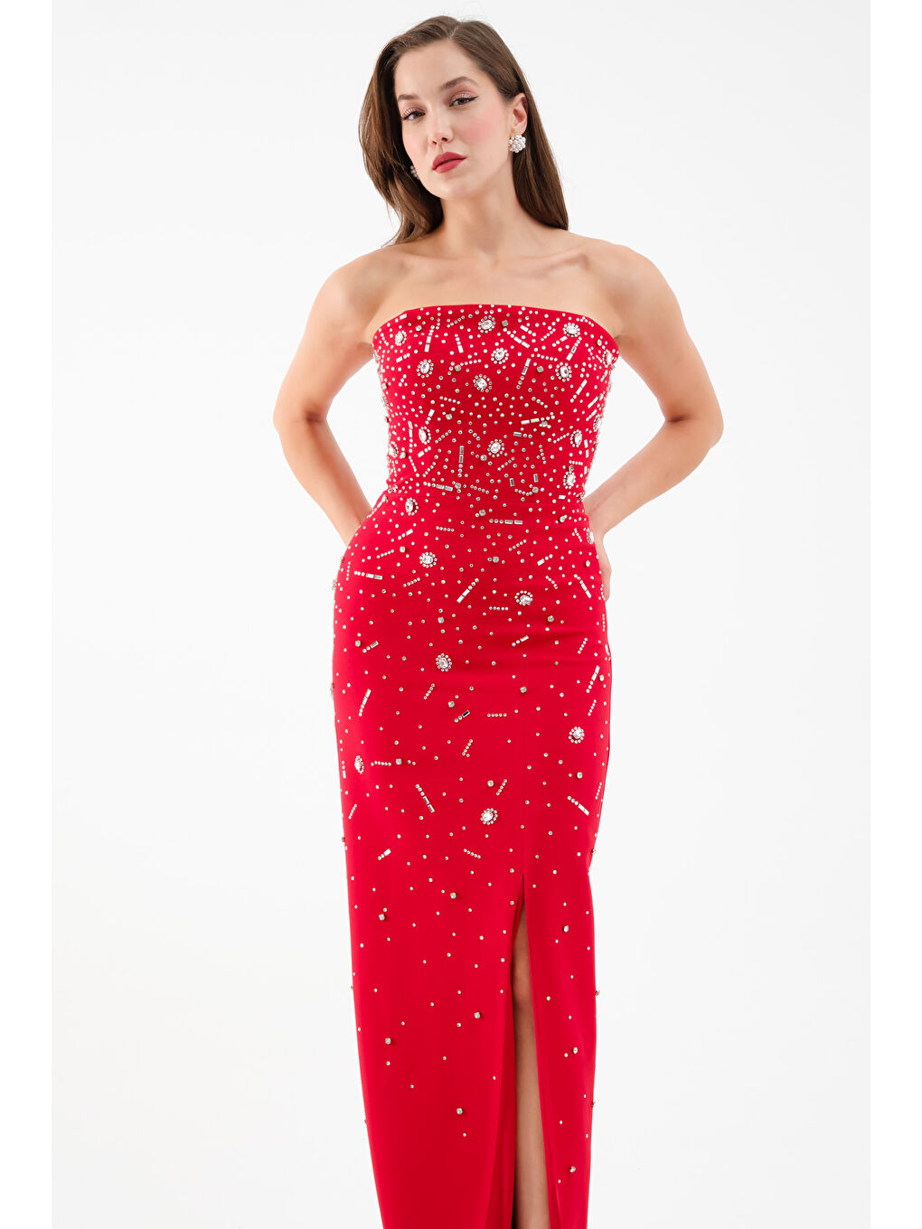 Kadın Kırmızı Straplez Taşlı Uzun Abiye Elbise-2