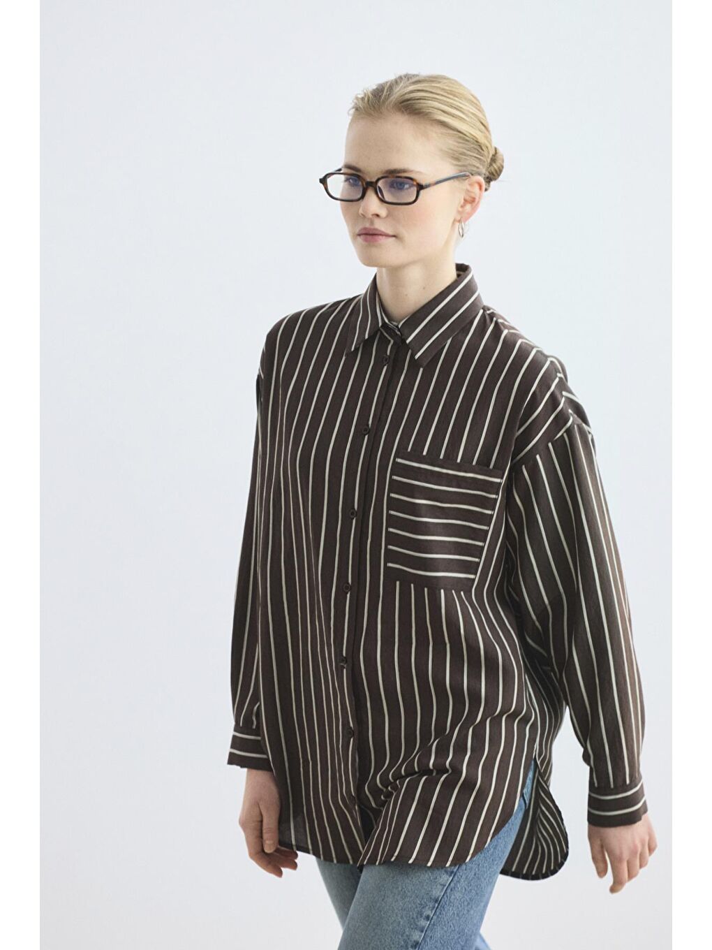 Kahverengi Oversize Çizgili Gömlek Acı Kahve