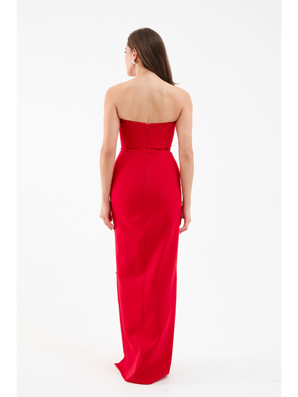 Kadın Kırmızı Straplez Taşlı Uzun Abiye Elbise-4