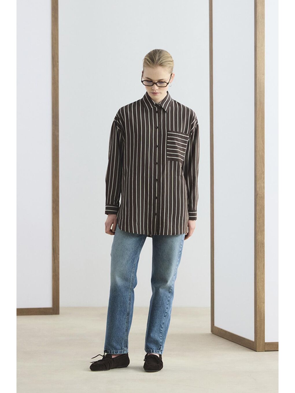 Kahverengi Oversize Çizgili Gömlek Acı Kahve-1