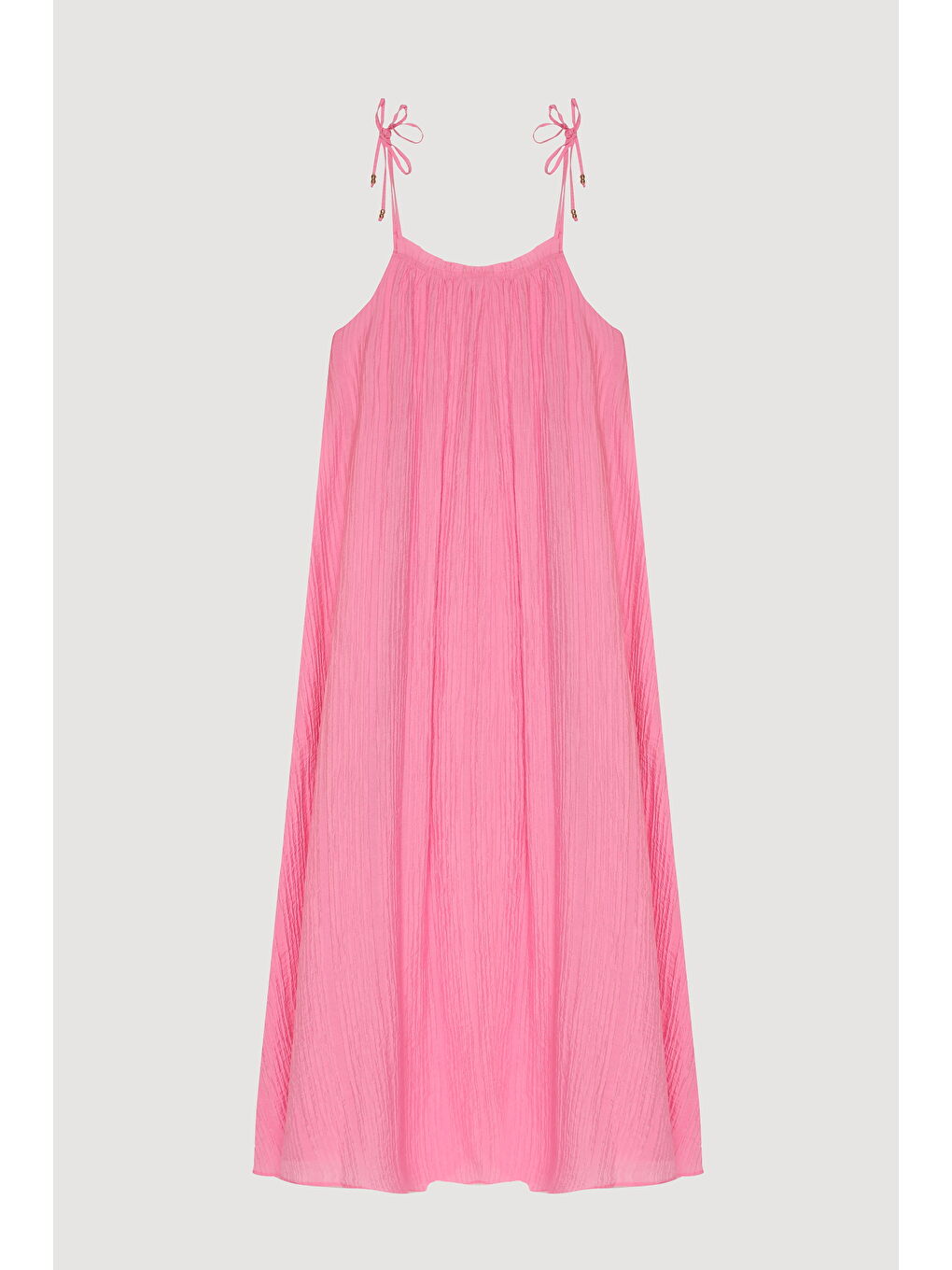 Bağlama İp Askılı Gofre Uzun Elbise Pembe