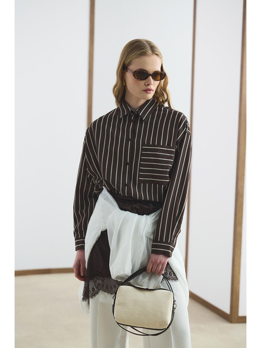 Kahverengi Oversize Çizgili Gömlek Acı Kahve-2