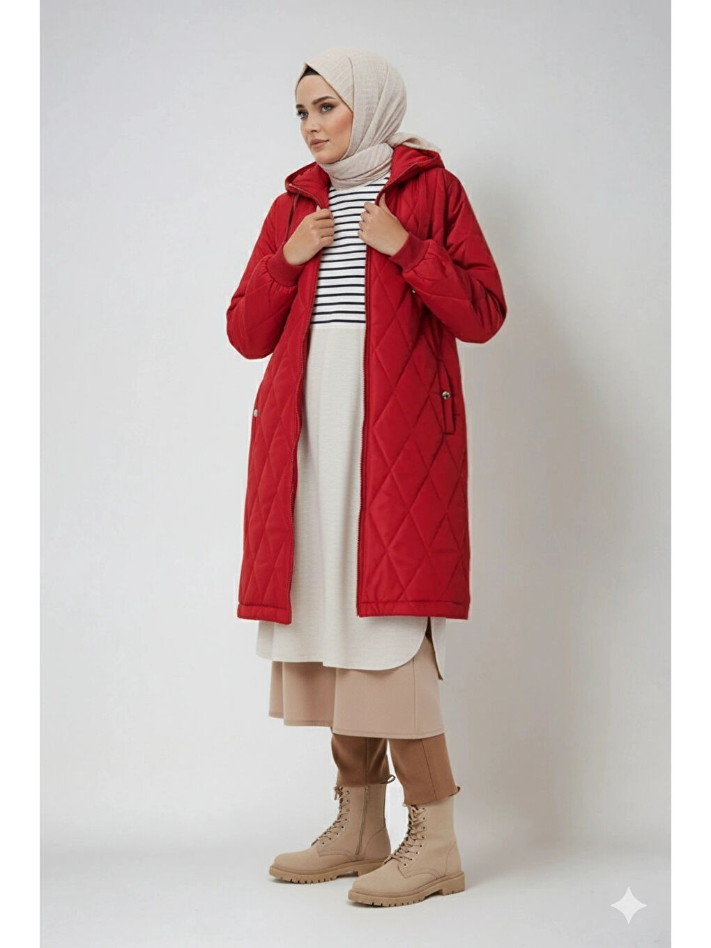 Kadın Bordo Uzun Kapitone Astarlı Şişme Tesettür Mont HZL25W-BD151381-1