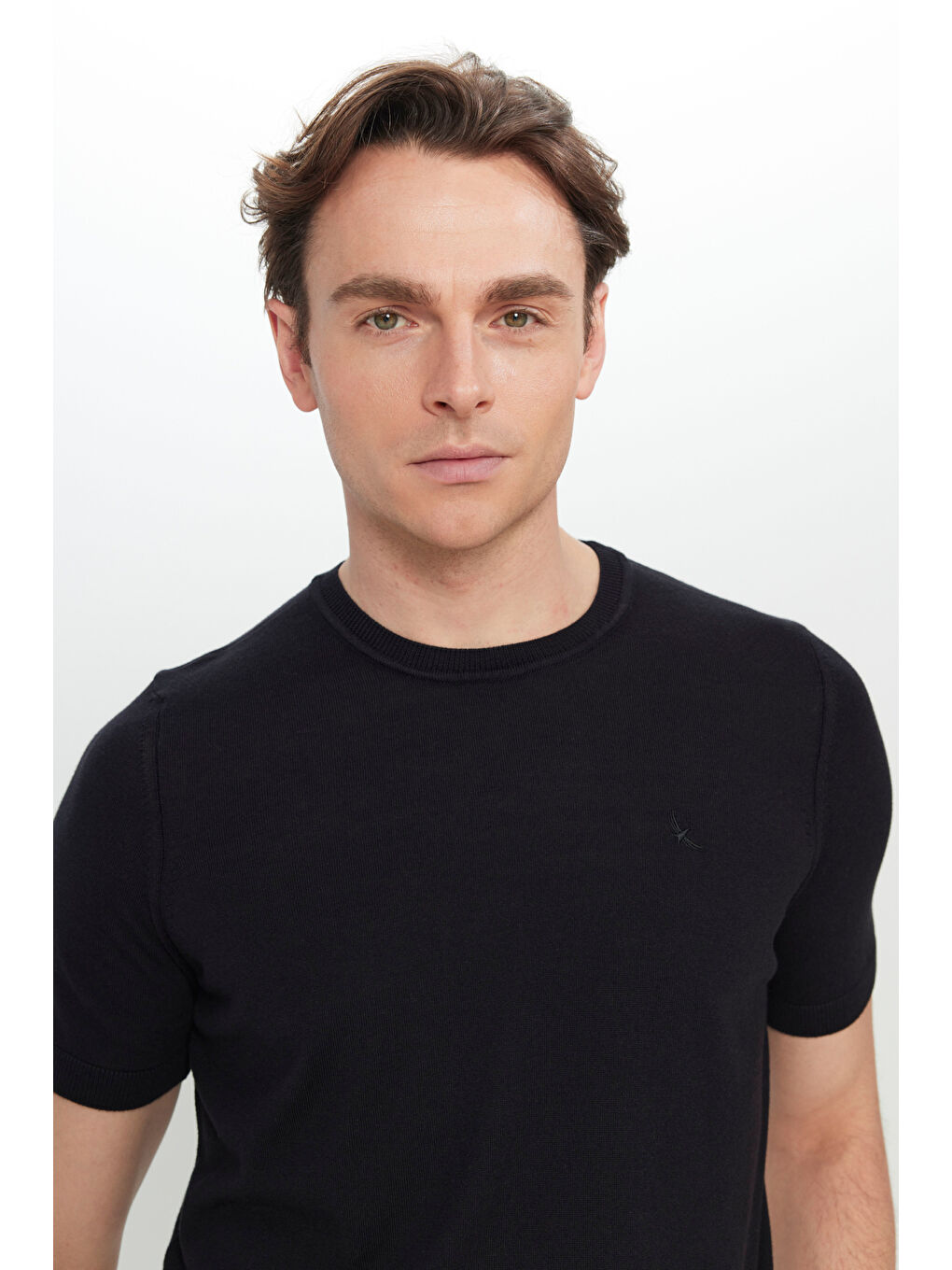 Erkek Siyah Pamuklu Standart Fit Normal Kesim Bisiklet Yaka Triko Tişört-3