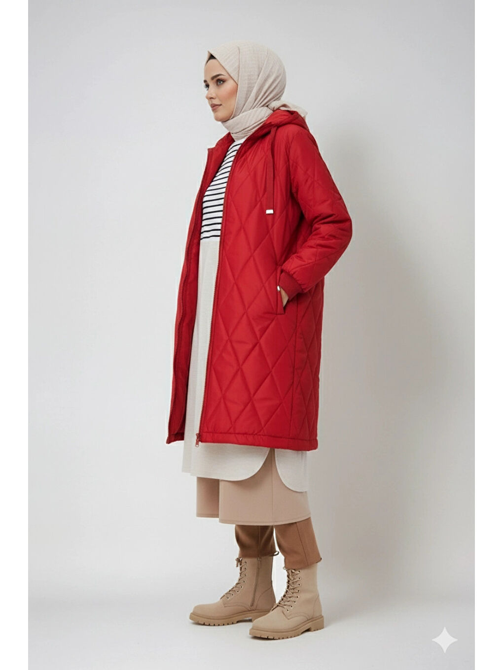 Kadın Bordo Uzun Kapitone Astarlı Şişme Tesettür Mont HZL25W-BD151381-2