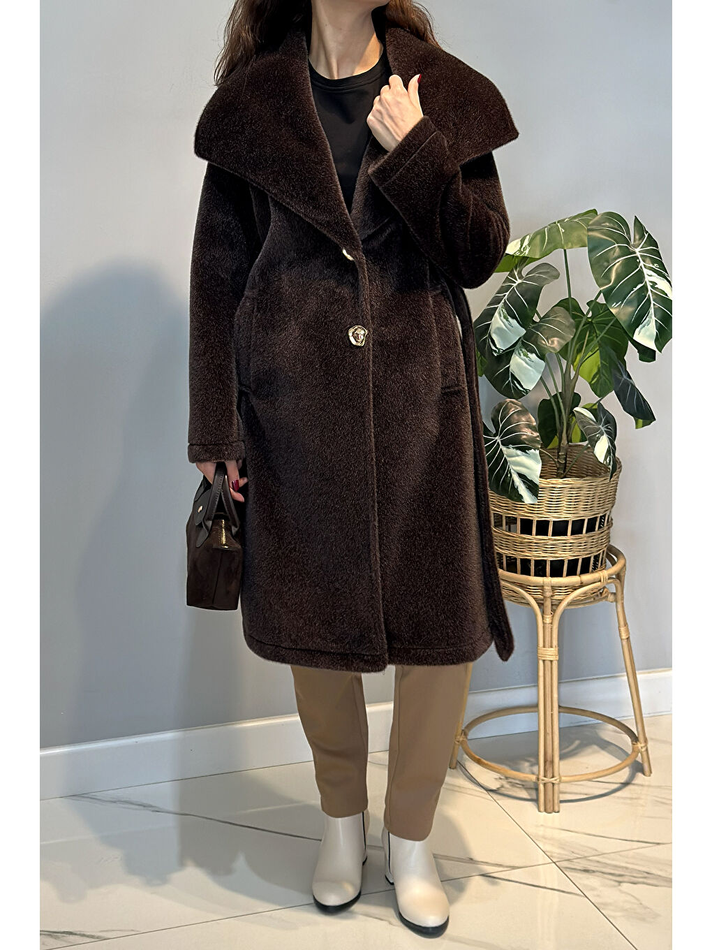 Geniş Yakalı Düğmeli Kaban 36234 Kahverengi-3