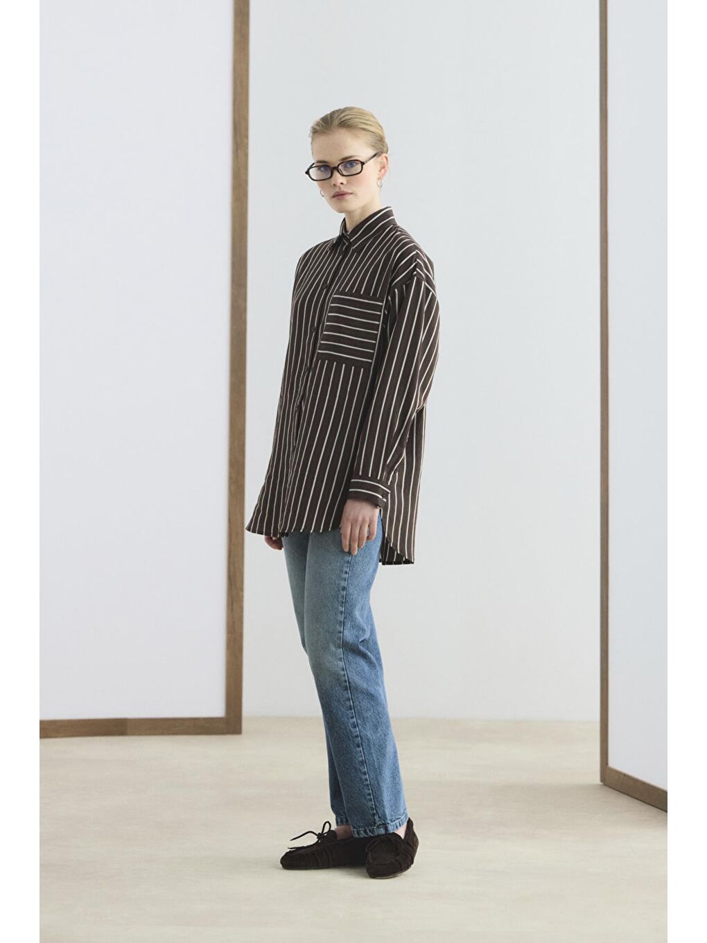 Kahverengi Oversize Çizgili Gömlek Acı Kahve-4