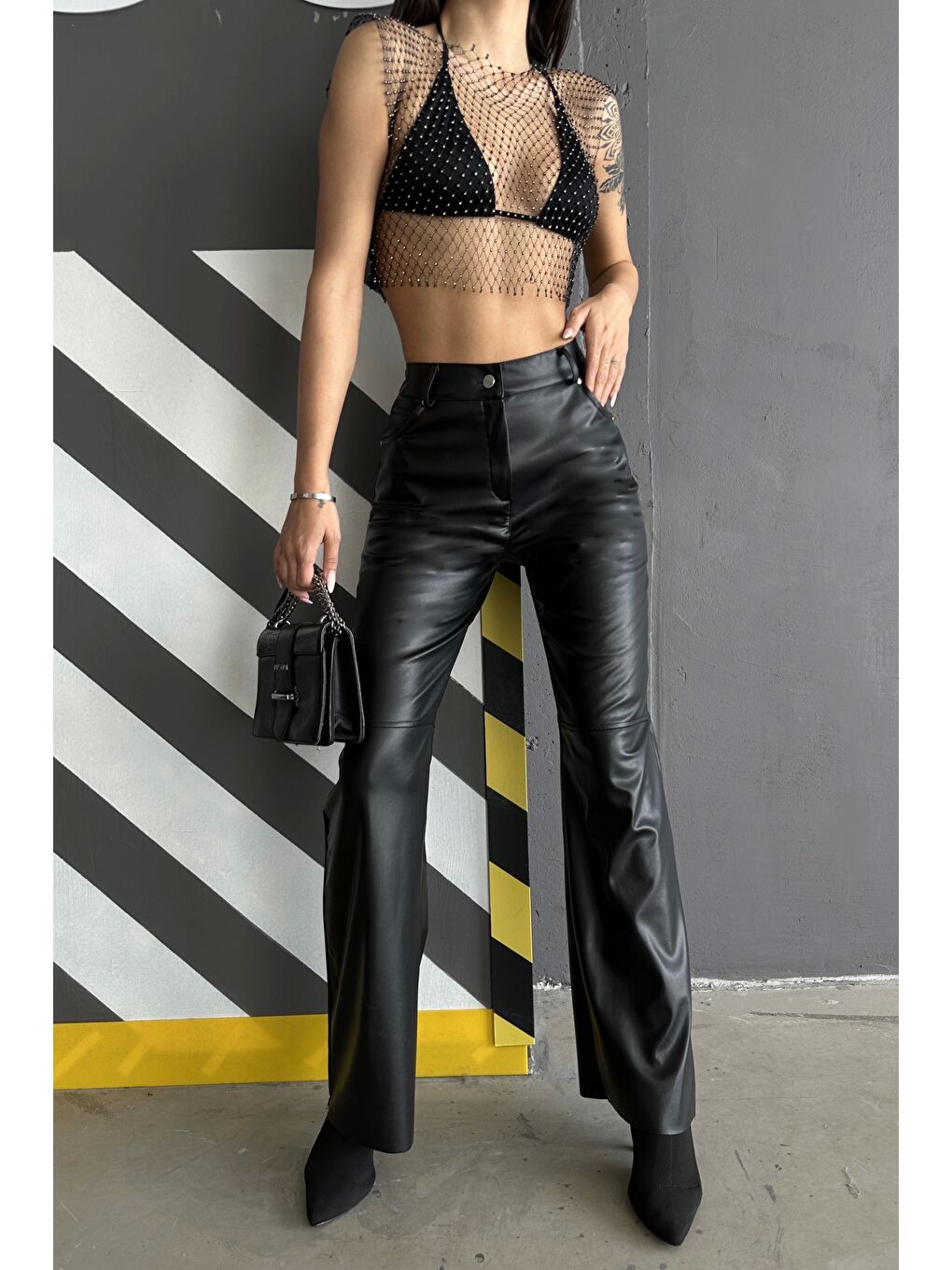 Kadın Siyah Palazzo Deri Pantolon 0291-10046