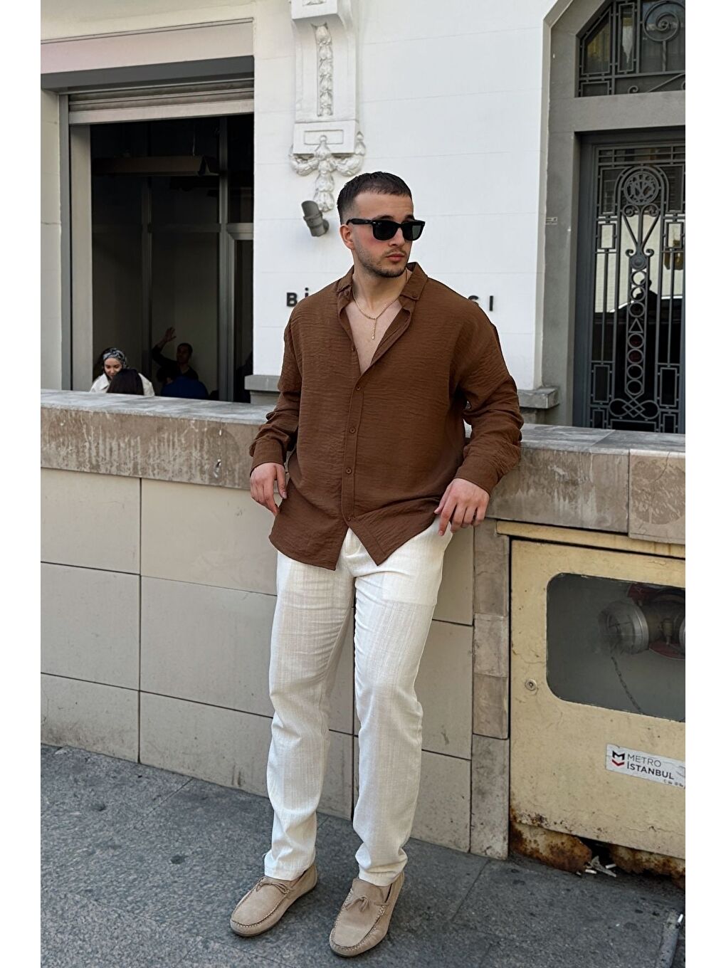 Kahverengi Napas Erkek Oversize Keten Görünümlü Gömlek