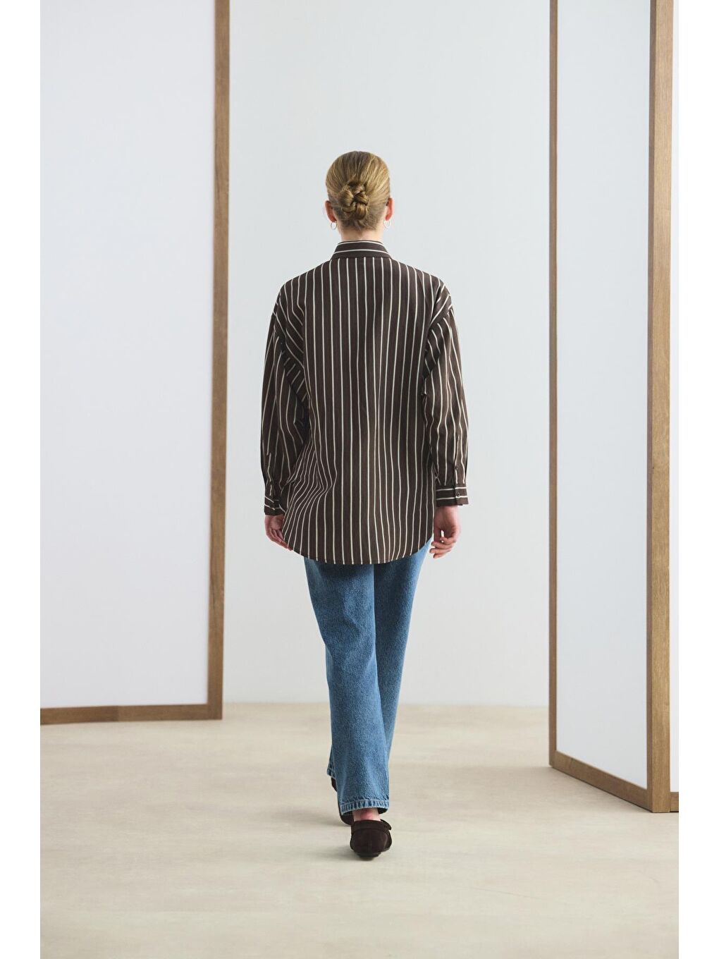 Kahverengi Oversize Çizgili Gömlek Acı Kahve-5