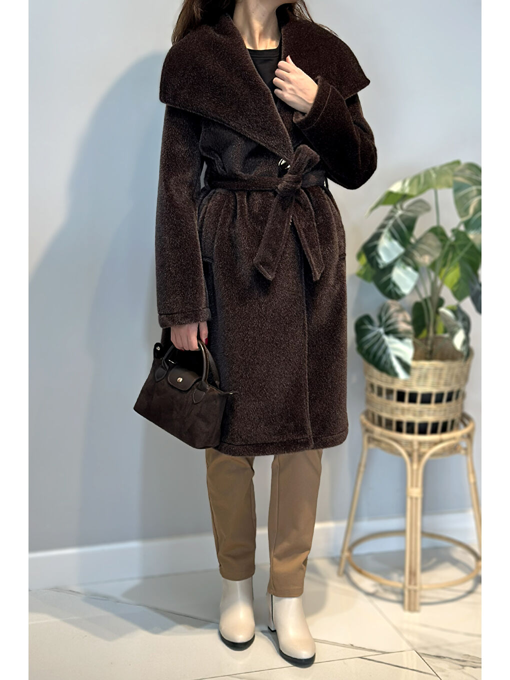 Geniş Yakalı Düğmeli Kaban 36234 Kahverengi-4