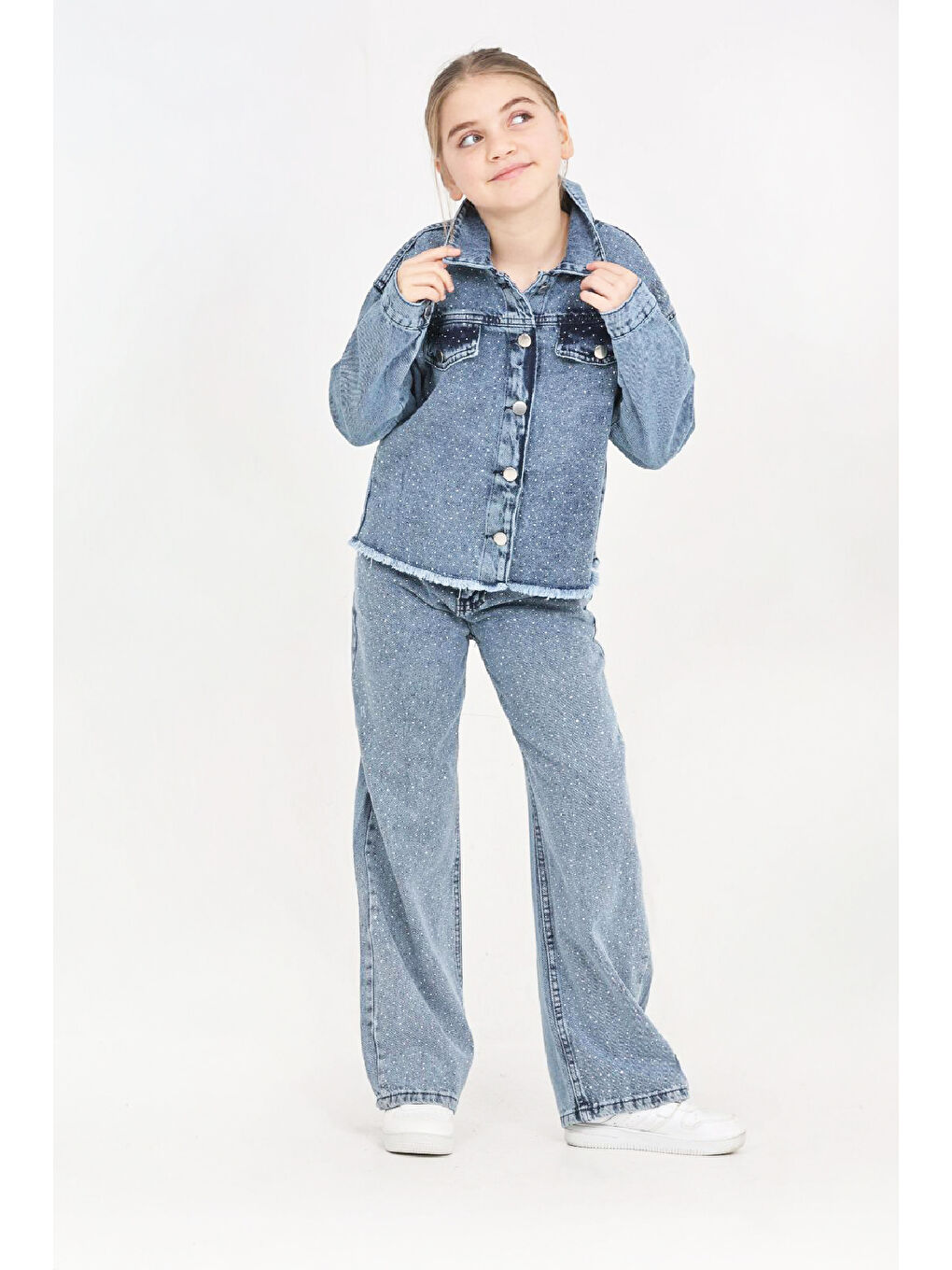 Mavi Kız Çocuk Jean Takım-Taş Süslemeli ( Ceket+Pantolon) 12452-1