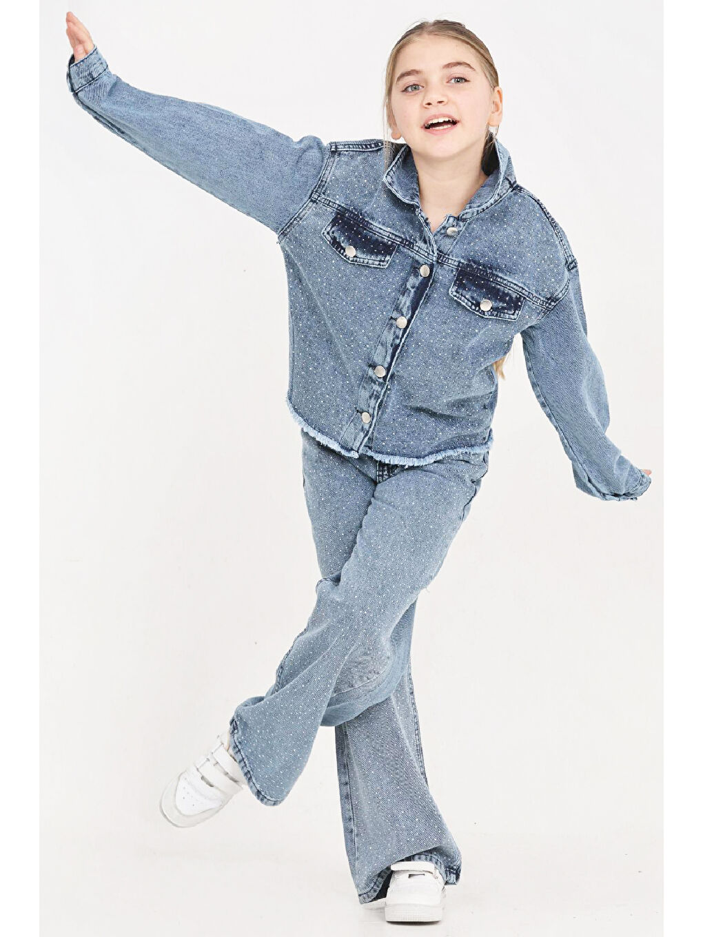 Mavi Kız Çocuk Jean Takım-Taş Süslemeli ( Ceket+Pantolon) 12452-2