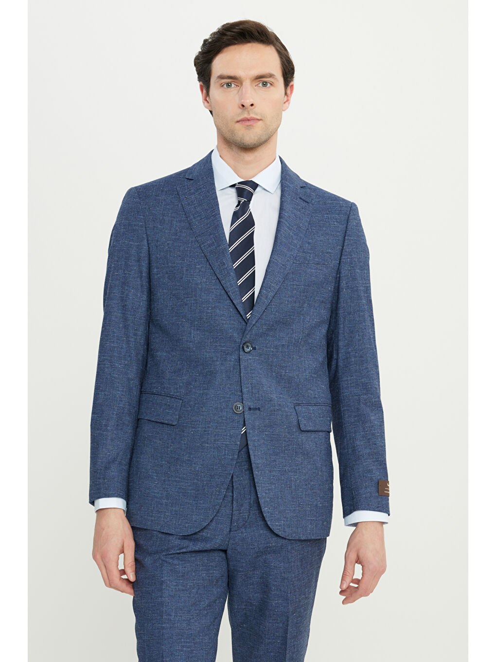 Erkek İndigo Yünlü Slim Fit Mono Yaka Kapak Cepli Takım Elbise